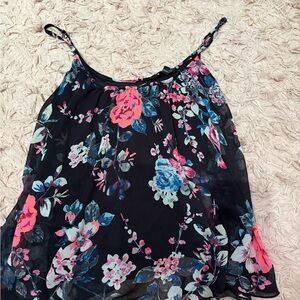 Express Black Floral Camisole with Pink & Blue Blooms
